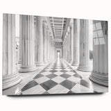 Large abstract wall art on acrylic glass featuring grayscale architectural columns.