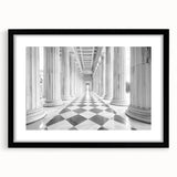 Extra large abstract art print featuring colorful, textured columns, ideal for living room decor, in a black frame with mat.