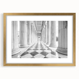 Extra large abstract art print featuring textured columns in muted gold, framed, ideal for living room decor.