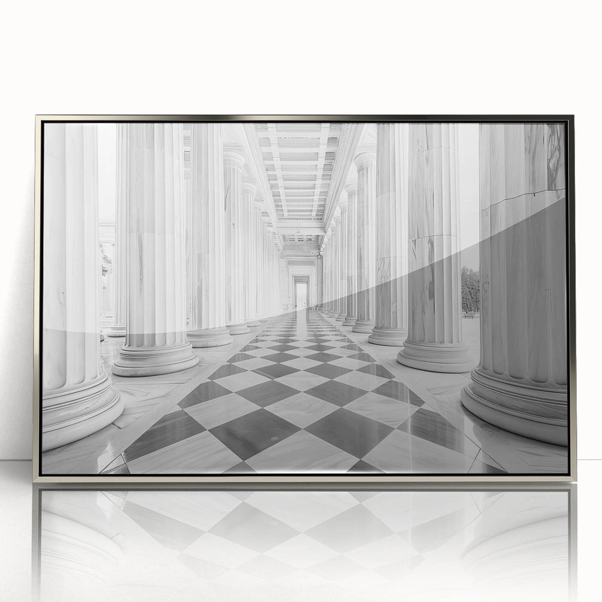 Mid-century modernist art featuring silver columns, printed on a framed acrylic, with a palette of cool grays.