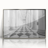 Mid-century modernist art featuring silver columns, printed on a framed acrylic, with a palette of cool grays.
