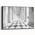 Black and white framed canvas of vintage architectural columns in a landscape format, ideal for bedroom wall art.