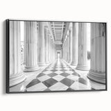 Black and white framed canvas of vintage architectural columns in a landscape format, ideal for bedroom wall art.