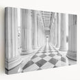 Side view of a large canvas featuring a neoclassical architecture design with detailed columns in monochrome.