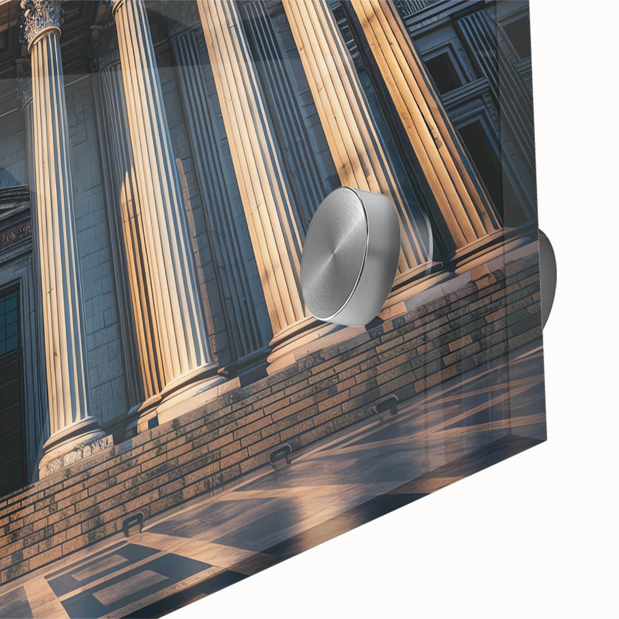 Close-up of large abstract wall art featuring mid-century modernist columns in muted gray tones on acrylic glass.