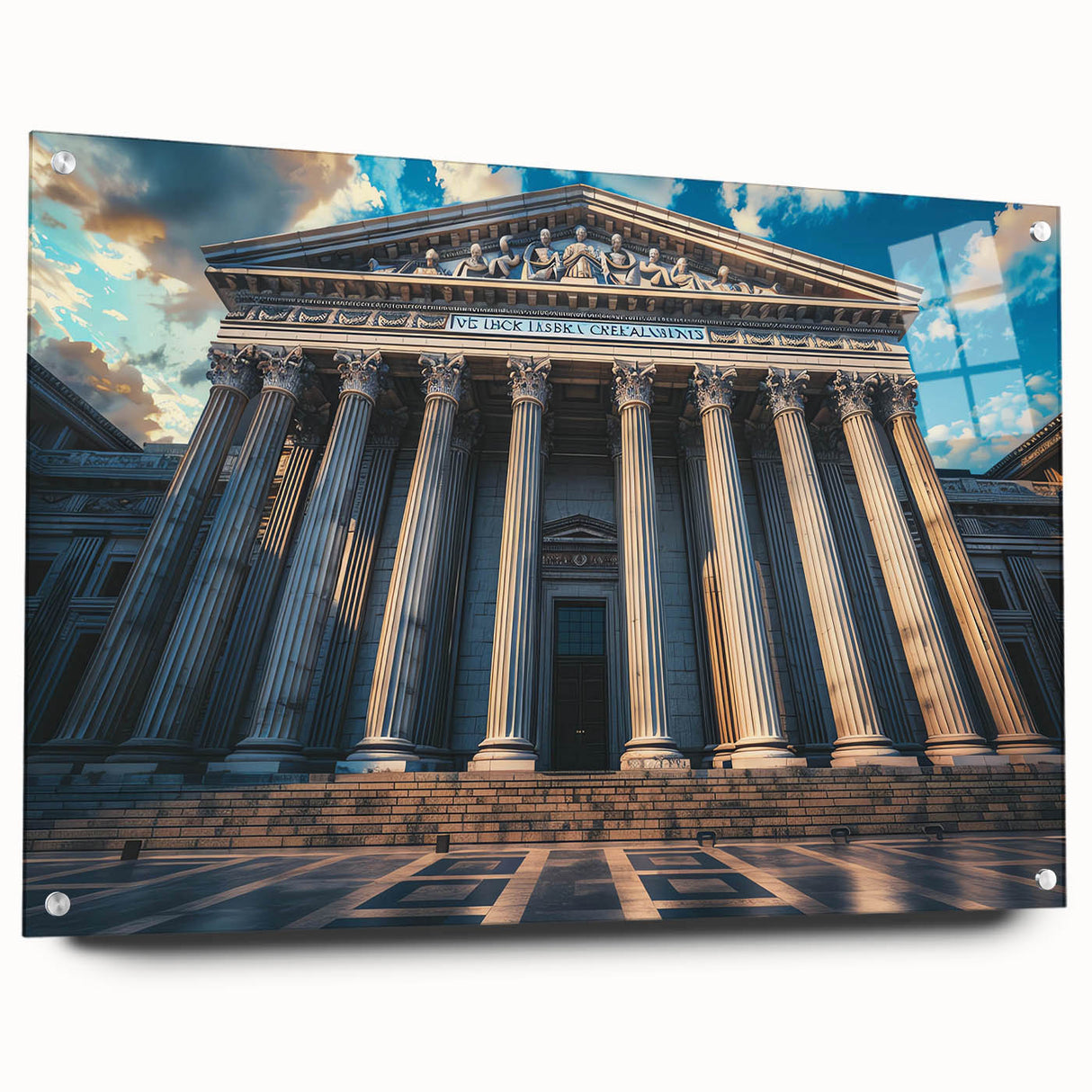 Acrylic print of large abstract wall art featuring architectural columns in gray tones.