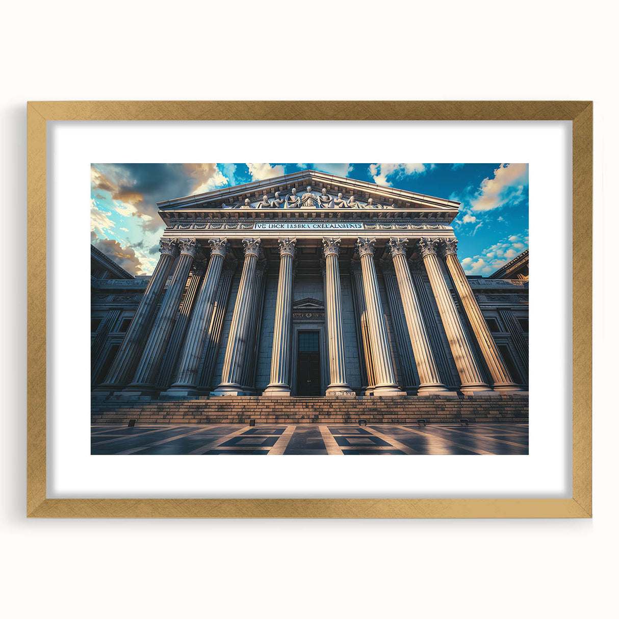 Textured abstract art print depicting architectural columns in muted beige and white, framed in gold.
