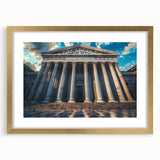 Textured abstract art print depicting architectural columns in muted beige and white, framed in gold.