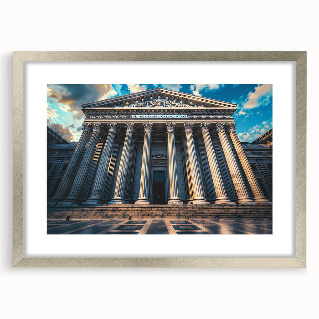 Abstract art print featuring a series of vertical columns in gray tones, framed in silver, ideal for dining room decor.