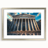 Abstract art print featuring a series of vertical columns in gray tones, framed in silver, ideal for dining room decor.