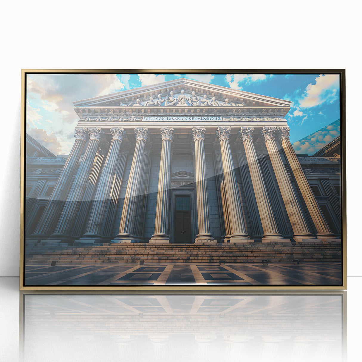 Mid-century modernist art featuring gold-accented architectural columns on a large acrylic print.