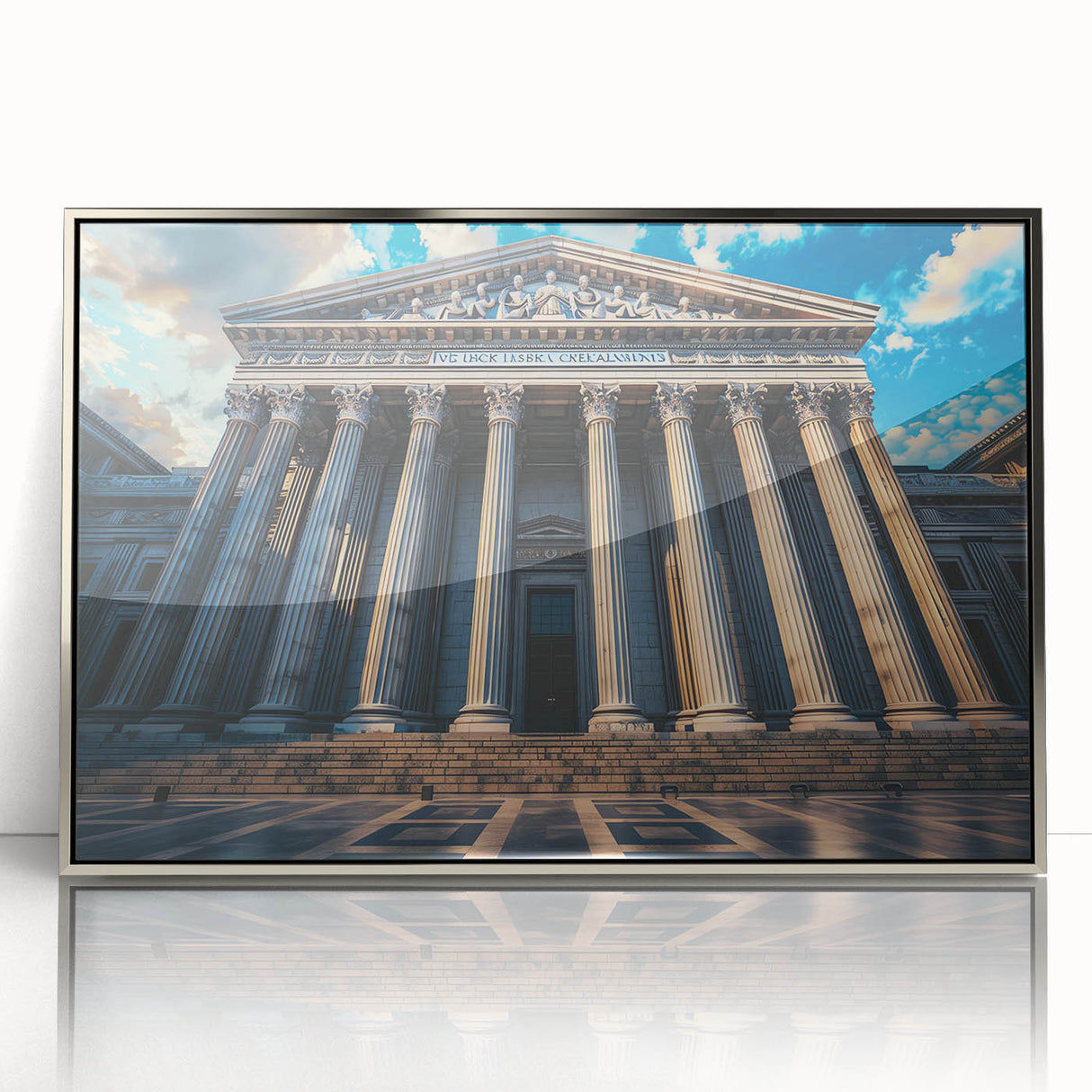 Mid-century modernist art featuring silver columns in acrylic print, ideal for modern art wall decor.