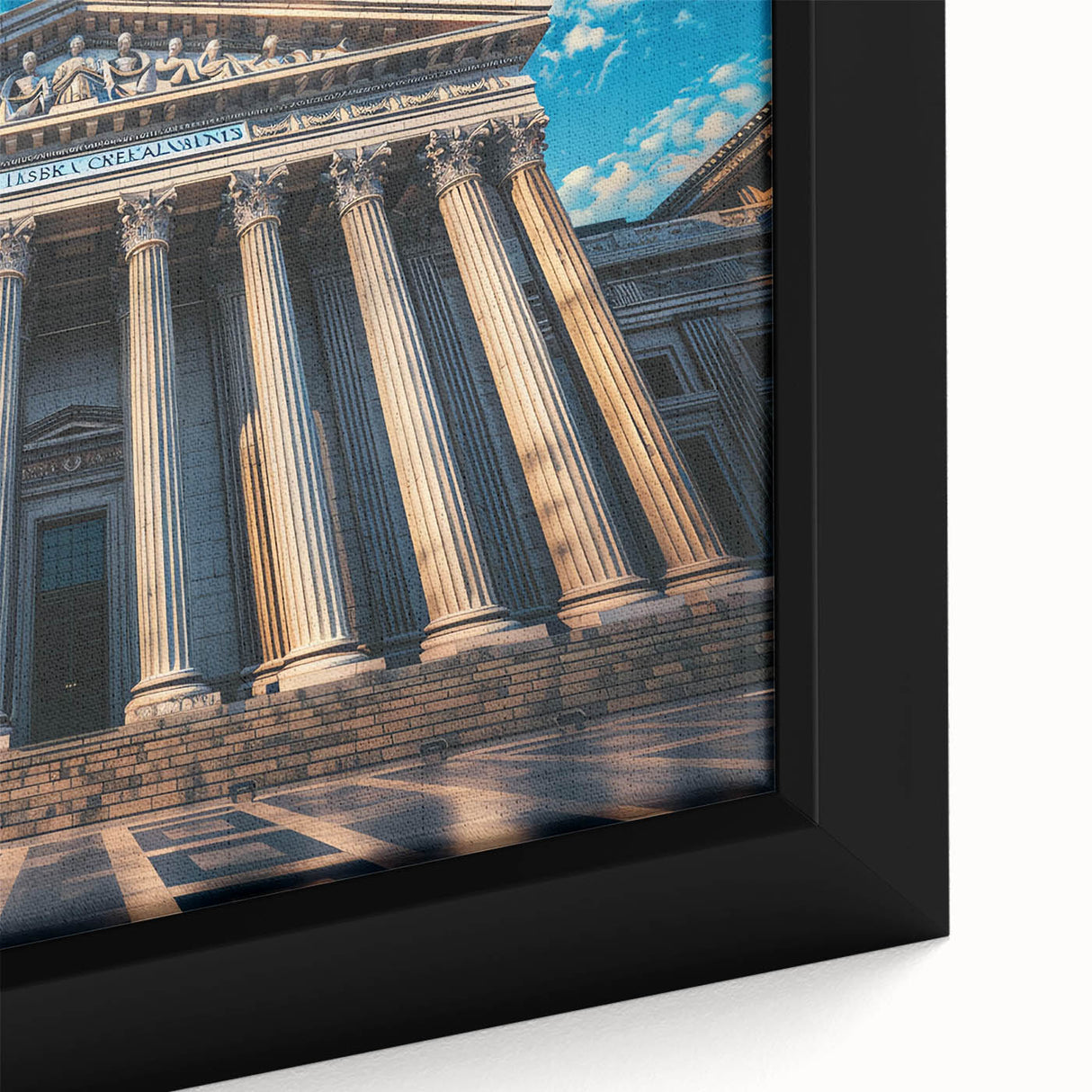 Extra large framed canvas featuring a close-up of black textured columns with colorful accents, ideal for living room decor.