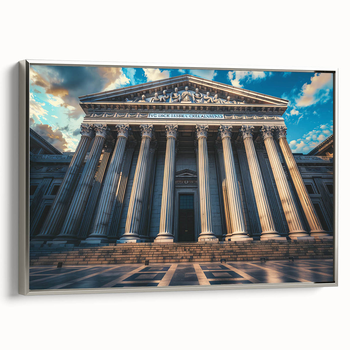 Framed canvas of a black and white vintage poster featuring a landscape with colorful architectural columns.