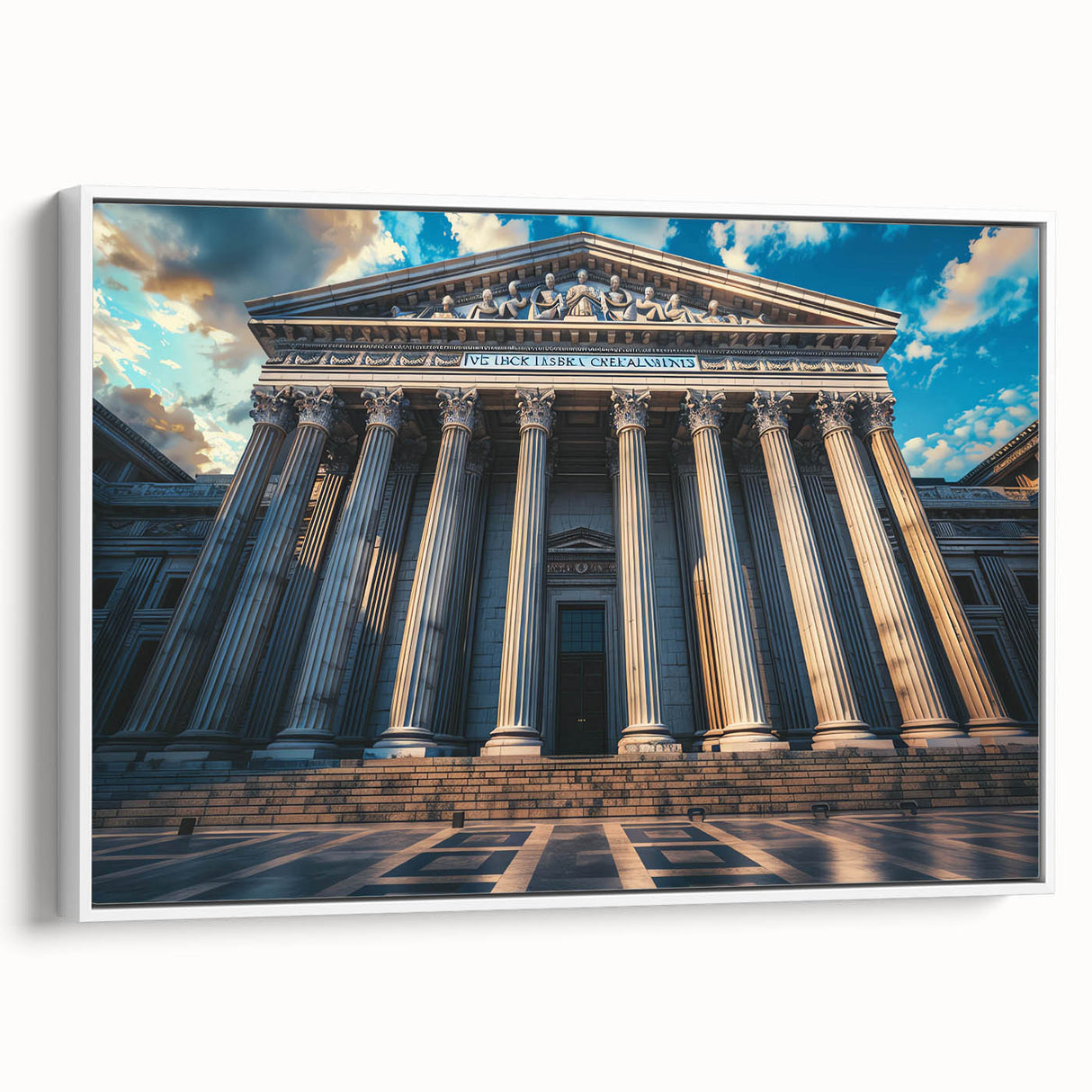 Vintage poster art of classical columns in black and colorful hues on extra large framed canvas.