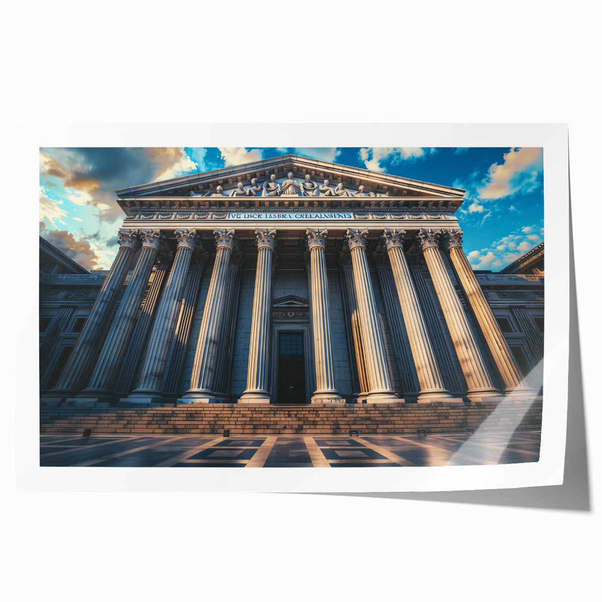 Rolled print of classical columns architecture, in subtle beige tones, ideal for art wall dining room placement.
