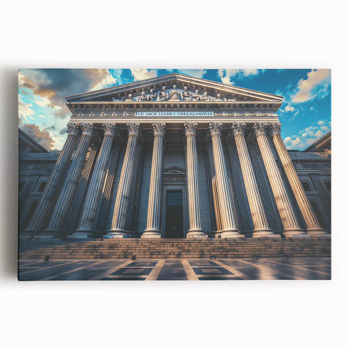 Black and white photo of classical columns on stretched canvas, suitable for kitchen wall art.