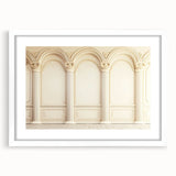 Abstract art print featuring grayscale columns, acrylic print in white frame, suited for modern dining room decor.