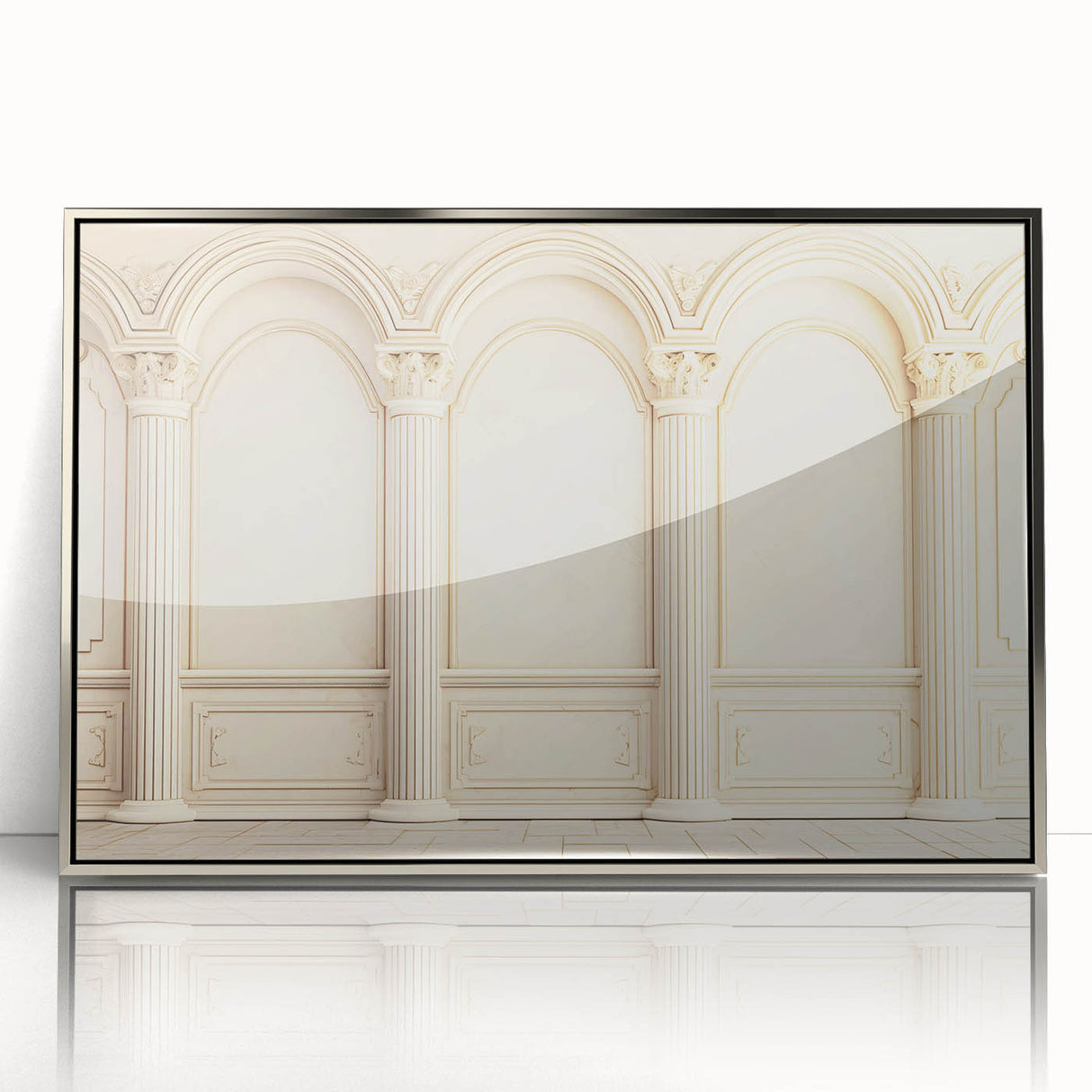 Mid-century modernist art featuring silver-framed acrylic print of architectural columns in muted tones.