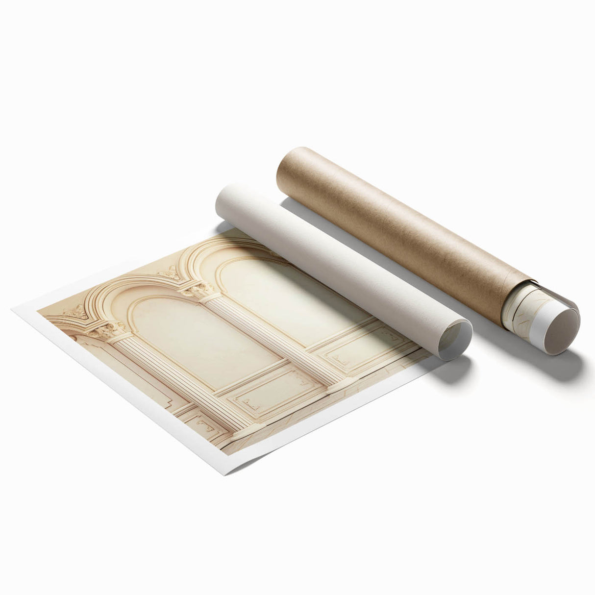 Extra large rolled print featuring a columned architecture design in muted earth tones, ideal for classy bathroom wall art.