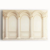 Large black and white photo of classical columns on stretched canvas, suitable for kitchen wall art.