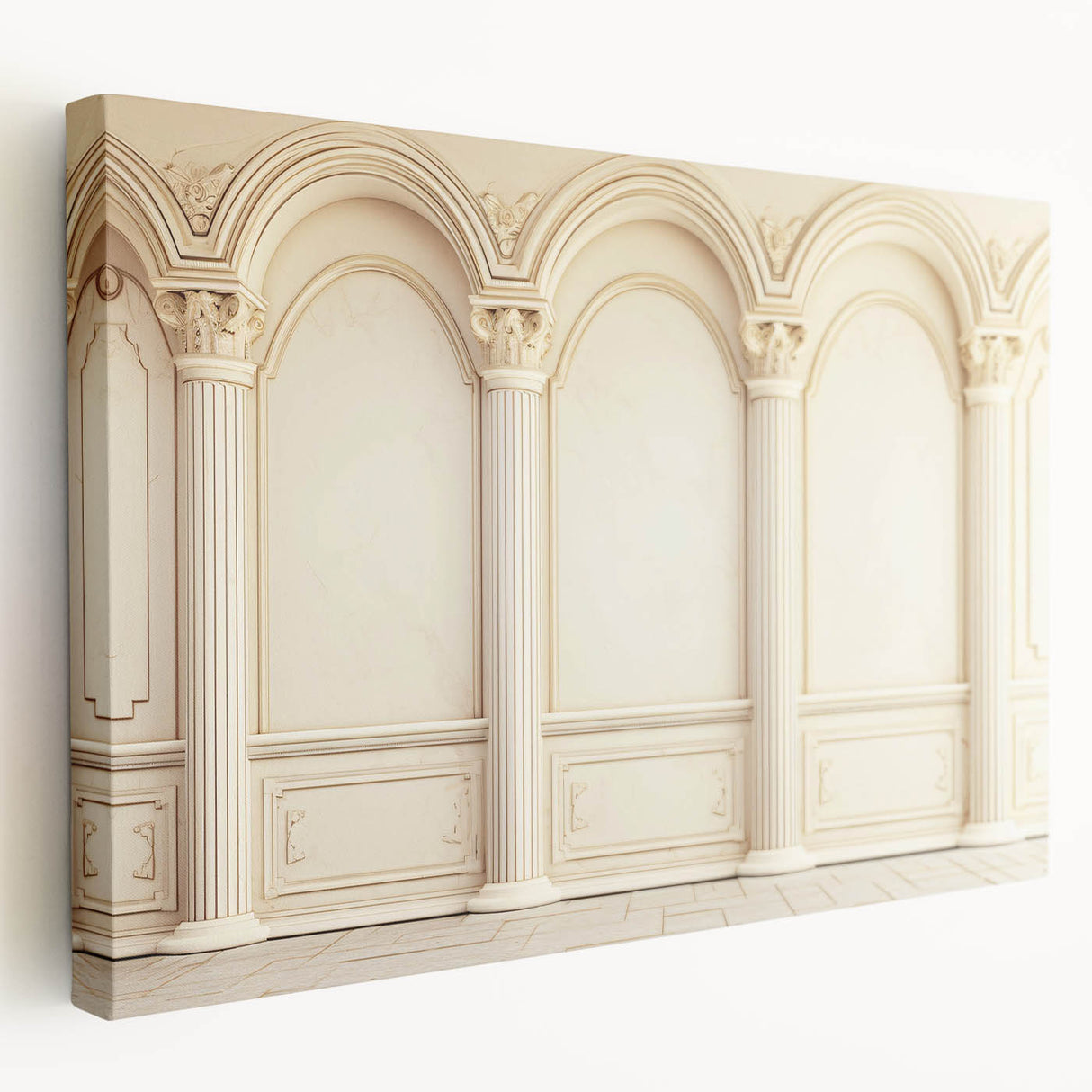 Large art print of classical architecture columns in muted beige tones on stretched canvas, suitable for kitchen wall decor.