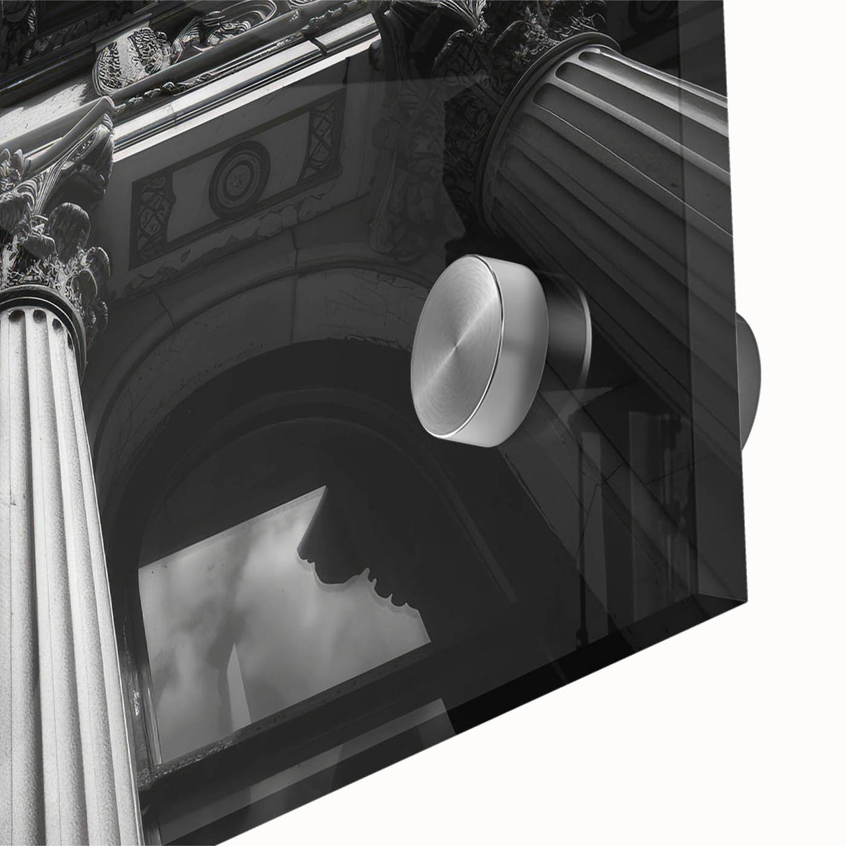 Mid-century modernist large abstract wall art on acrylic glass, featuring a close-up of architectural columns in muted tones.