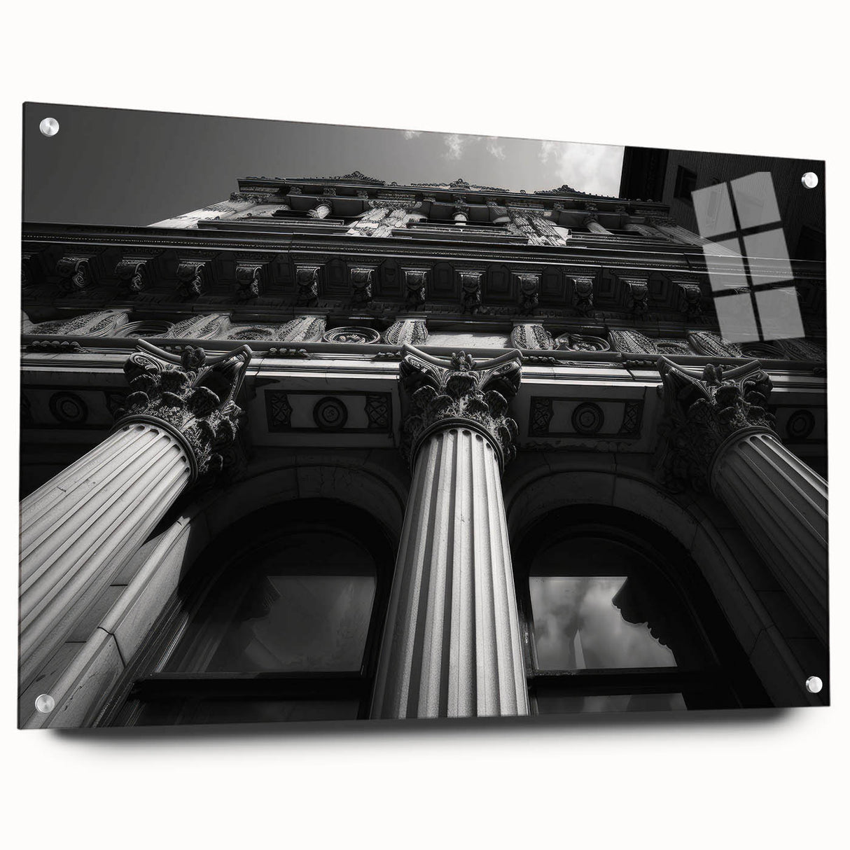 Large abstract acrylic print featuring a grayscale column design, suitable for bedroom or dining room decor.