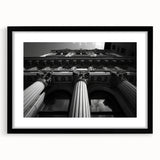 Extra large abstract art print featuring colorful, textured columns, in a black frame with mat, ideal for living room decor.