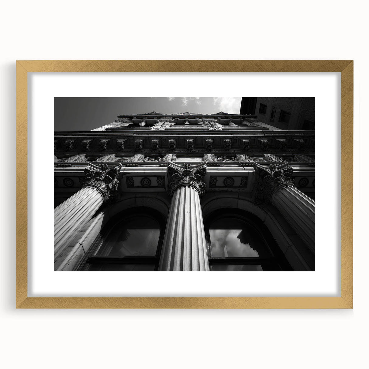 Extra large abstract art print depicting textured columns in muted gold and white tones, framed, ideal for living room decor.