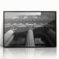Large abstract wall art featuring black and white architectural columns in a mid-century modernist style.