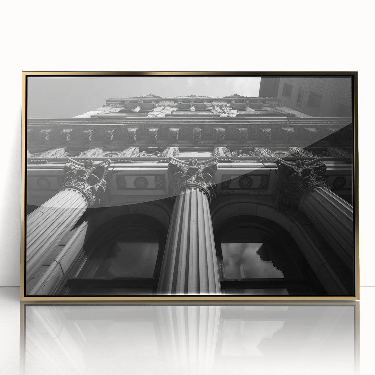 Mid-century modernist art of architectural columns in gold tones on framed acrylic, ideal for modern art wall decor.