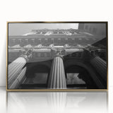 Mid-century modernist art of architectural columns in gold tones on framed acrylic, ideal for modern art wall decor.