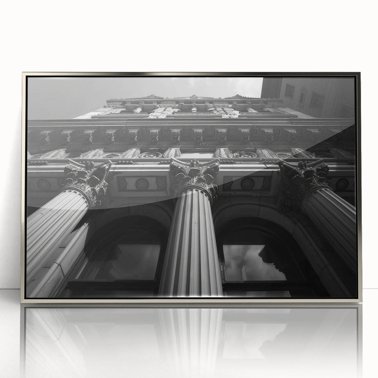 Mid-century modernist art of silver columns on acrylic print, suitable for modern art wall decor in a nursery.