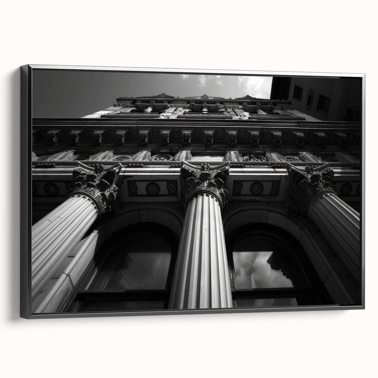 Black and white framed canvas featuring vintage poster art of architectural columns, ideal for bedroom wall decor.