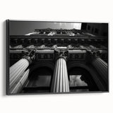 Black and white framed canvas featuring vintage poster art of architectural columns, ideal for bedroom wall decor.