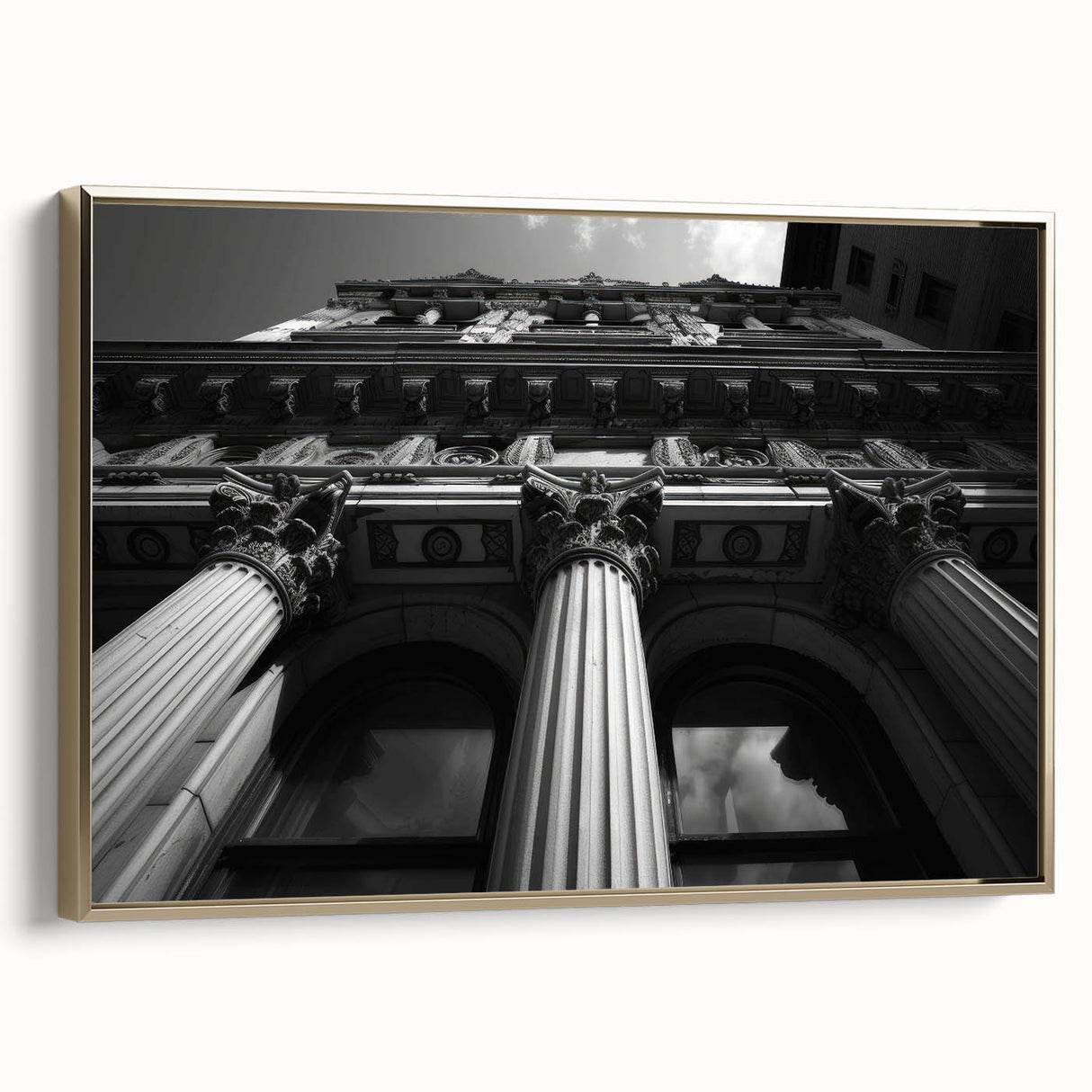 Framed canvas featuring a vintage poster art of classical architecture columns in black, ideal for bedroom wall decor.