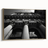 Framed canvas featuring a vintage poster art of classical architecture columns in black, ideal for bedroom wall decor.