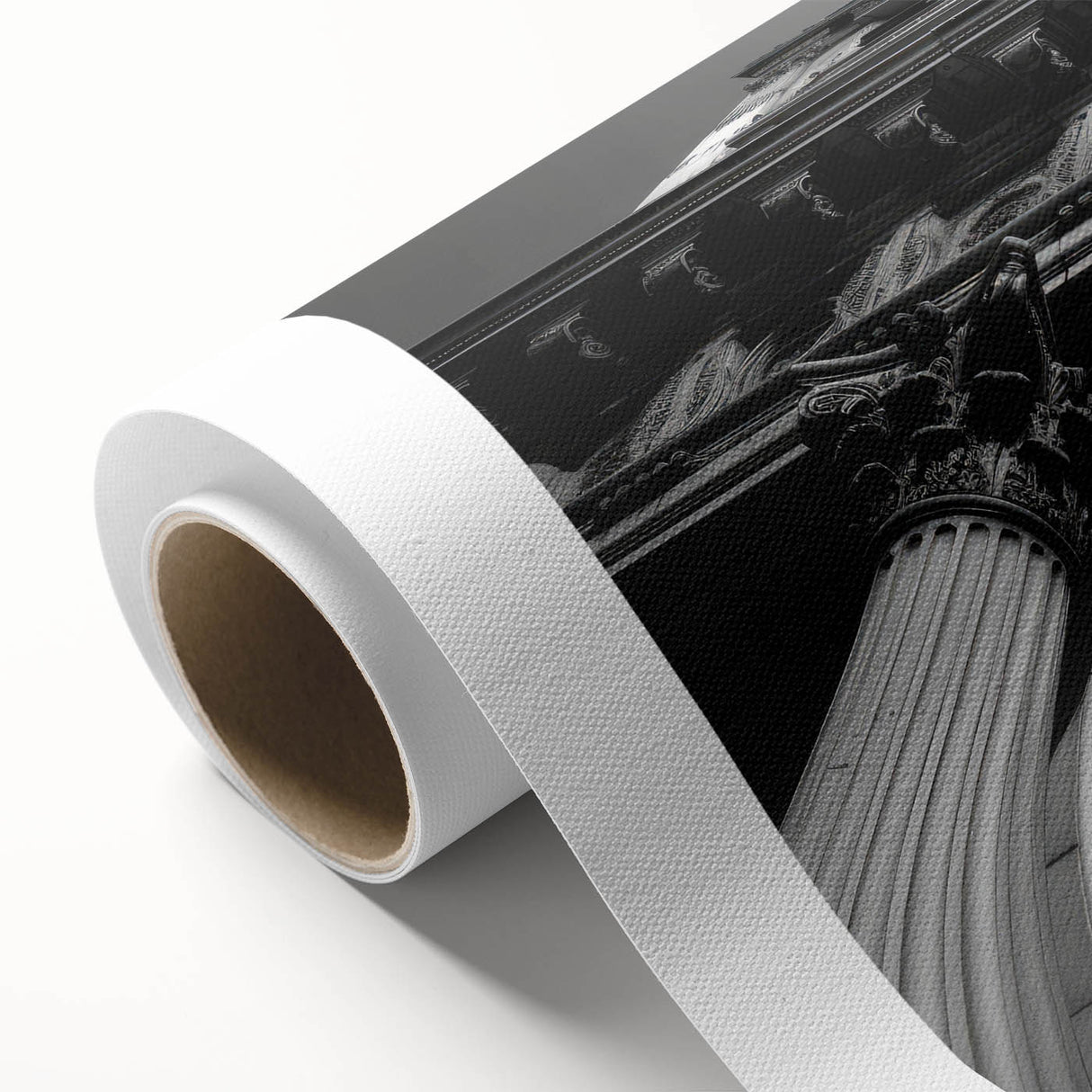 Art Deco poster of stylized architecture with columns in muted beige tones on rolled canvas, ideal for nursery wall art.