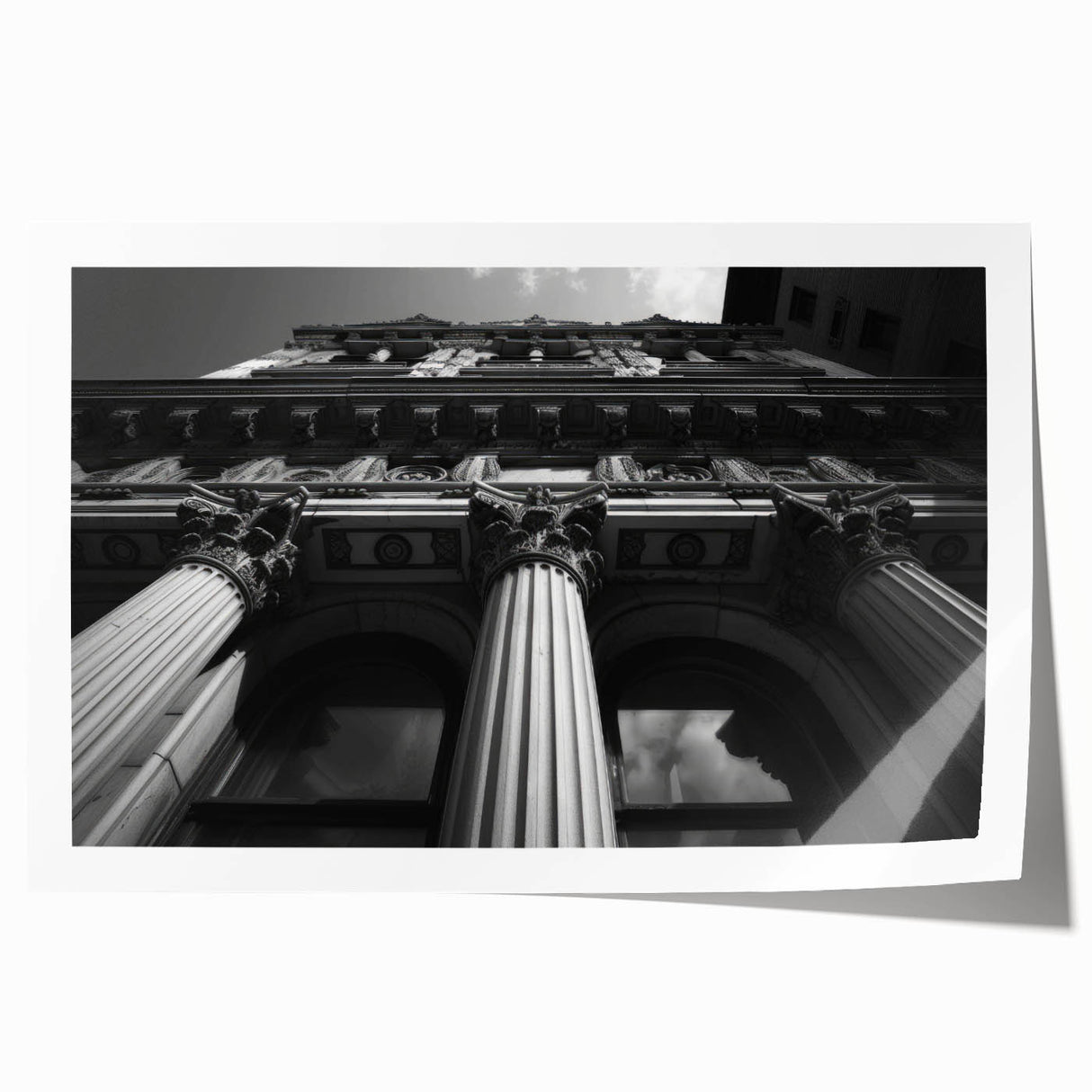 Extra large rolled print of a classical architecture design with detailed columns in muted earth tones.