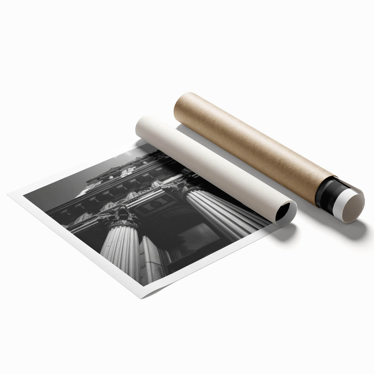 Extra large rolled print featuring a detailed floral design on classical architecture columns, in muted earth tones.