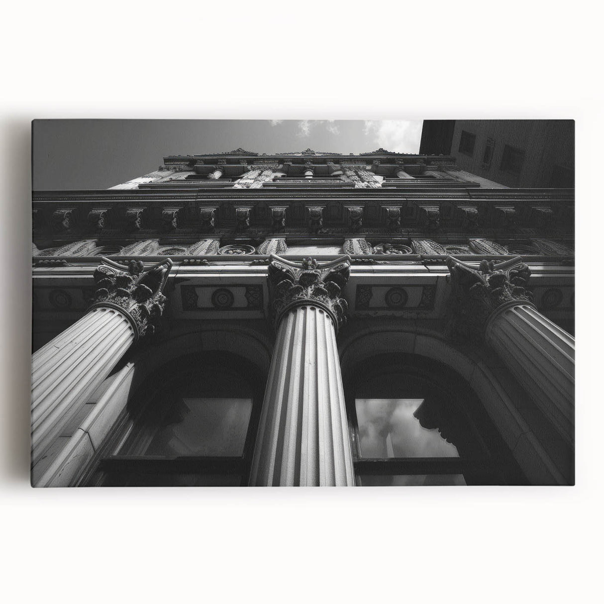 Black and white photograph of classical columns on stretched canvas, ideal for kitchen wall art.