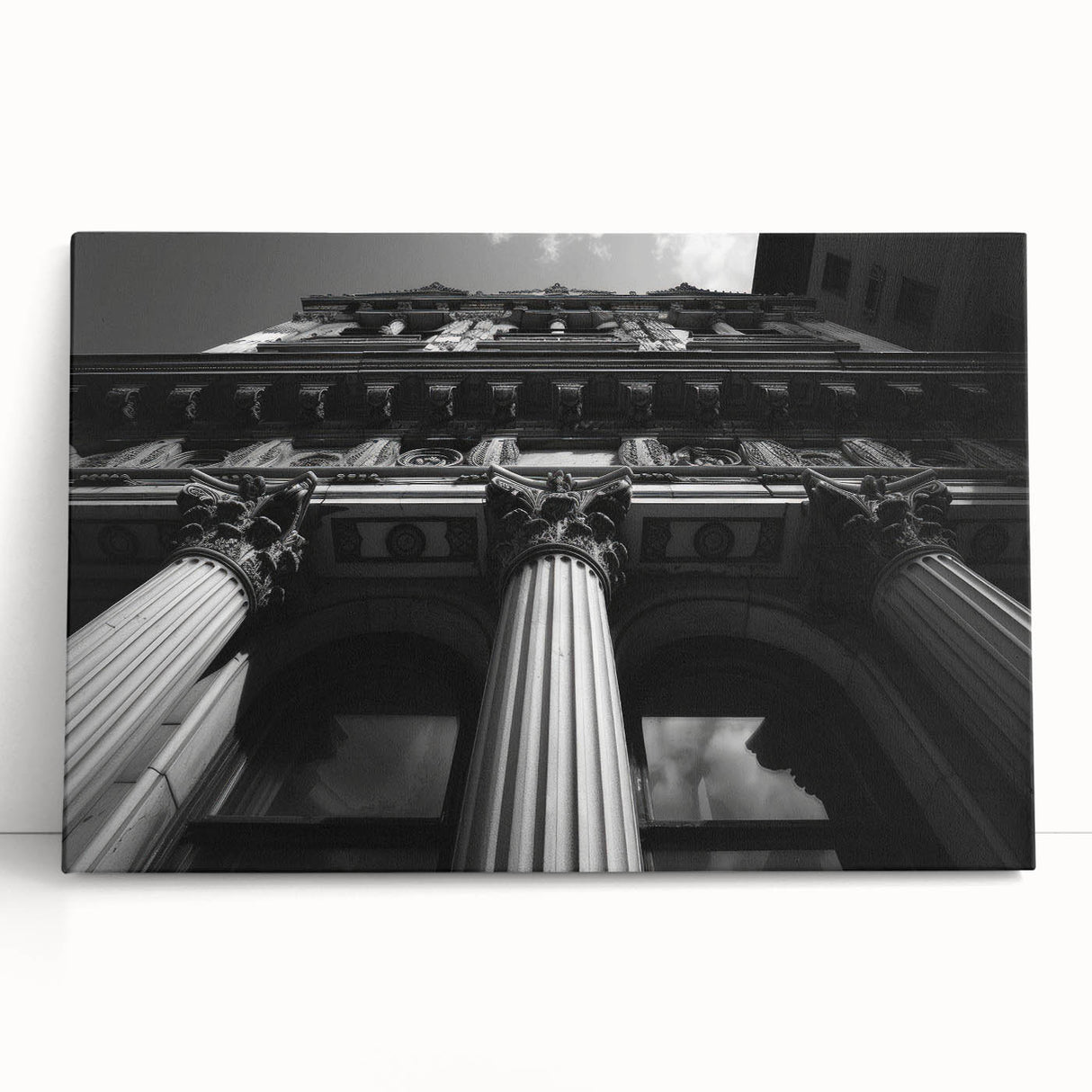 Black and white photo of architectural columns on a large stretched canvas, ideal for kitchen or bedroom wall art.