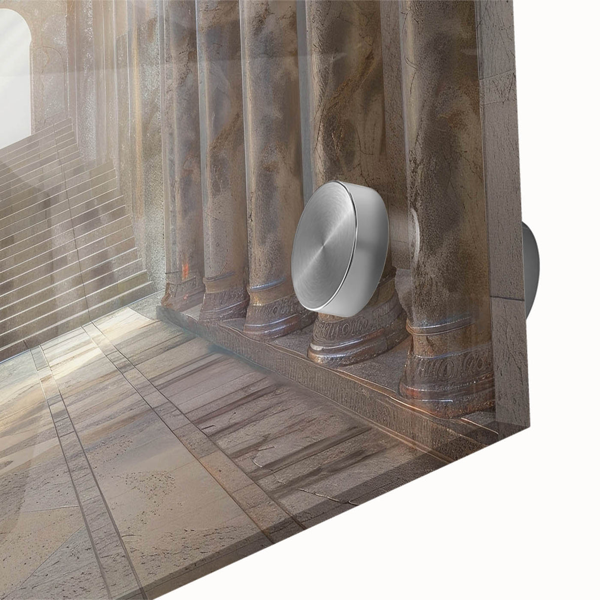 Acrylic print of large abstract wall art featuring mid-century modernist columns in muted earth tones.