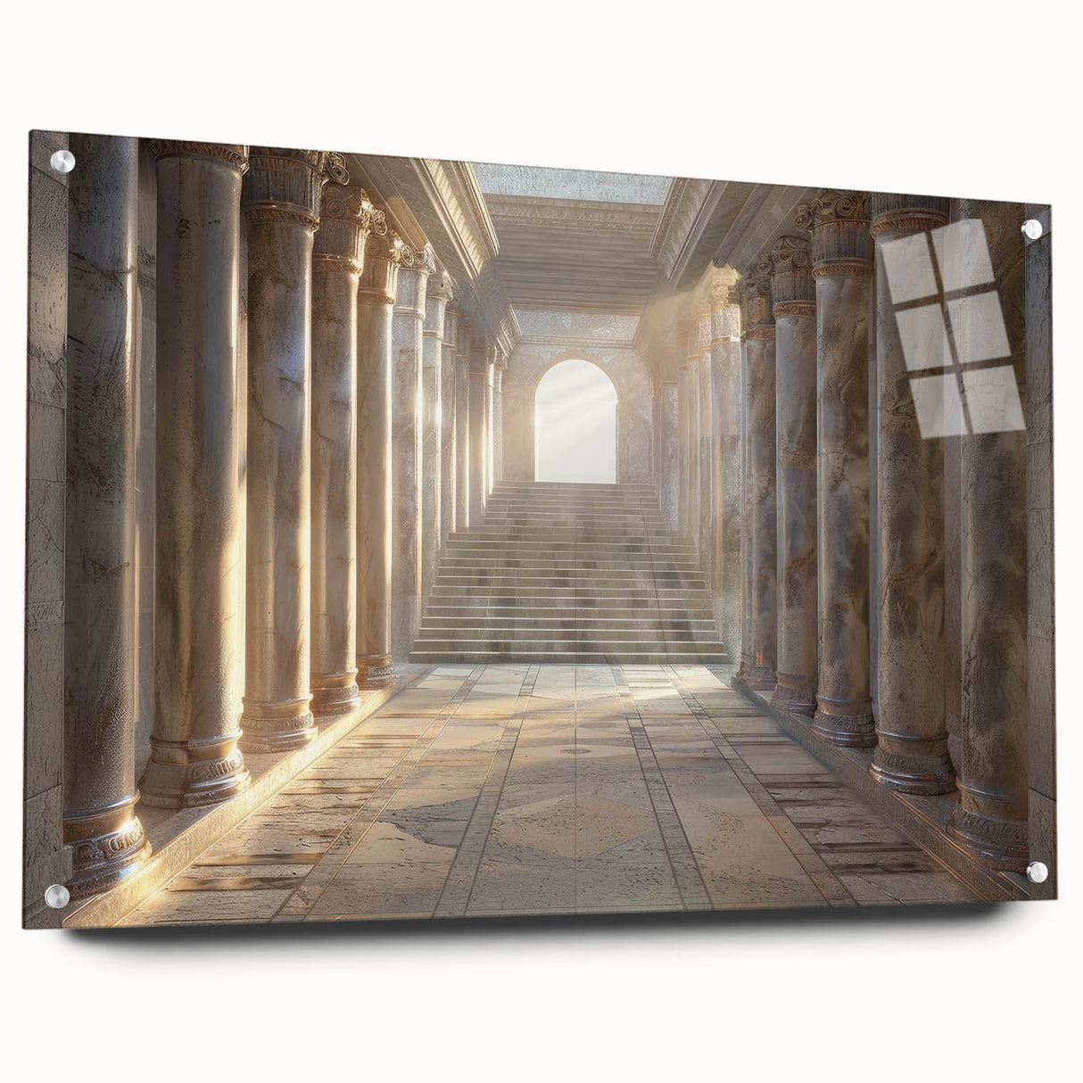 Side view of large abstract wall art on acrylic glass featuring monochrome architectural columns.
