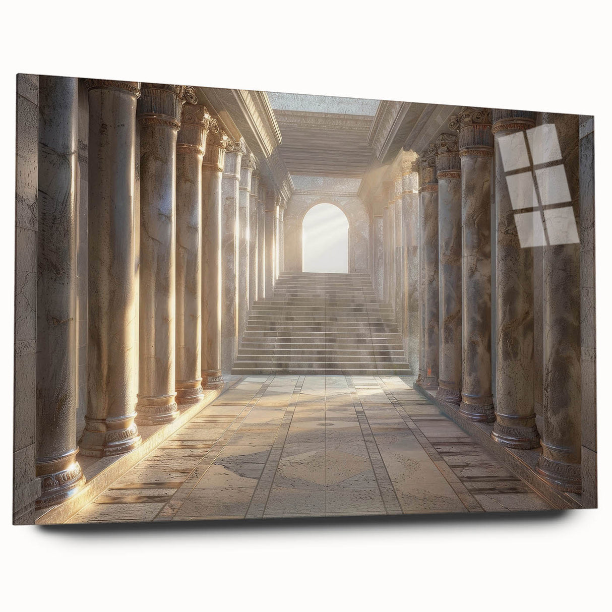 Acrylic print of large abstract wall art featuring gray and white architectural columns.