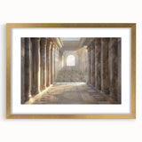Extra large abstract art print featuring textured columns in gold and beige tones on a framed canvas.
