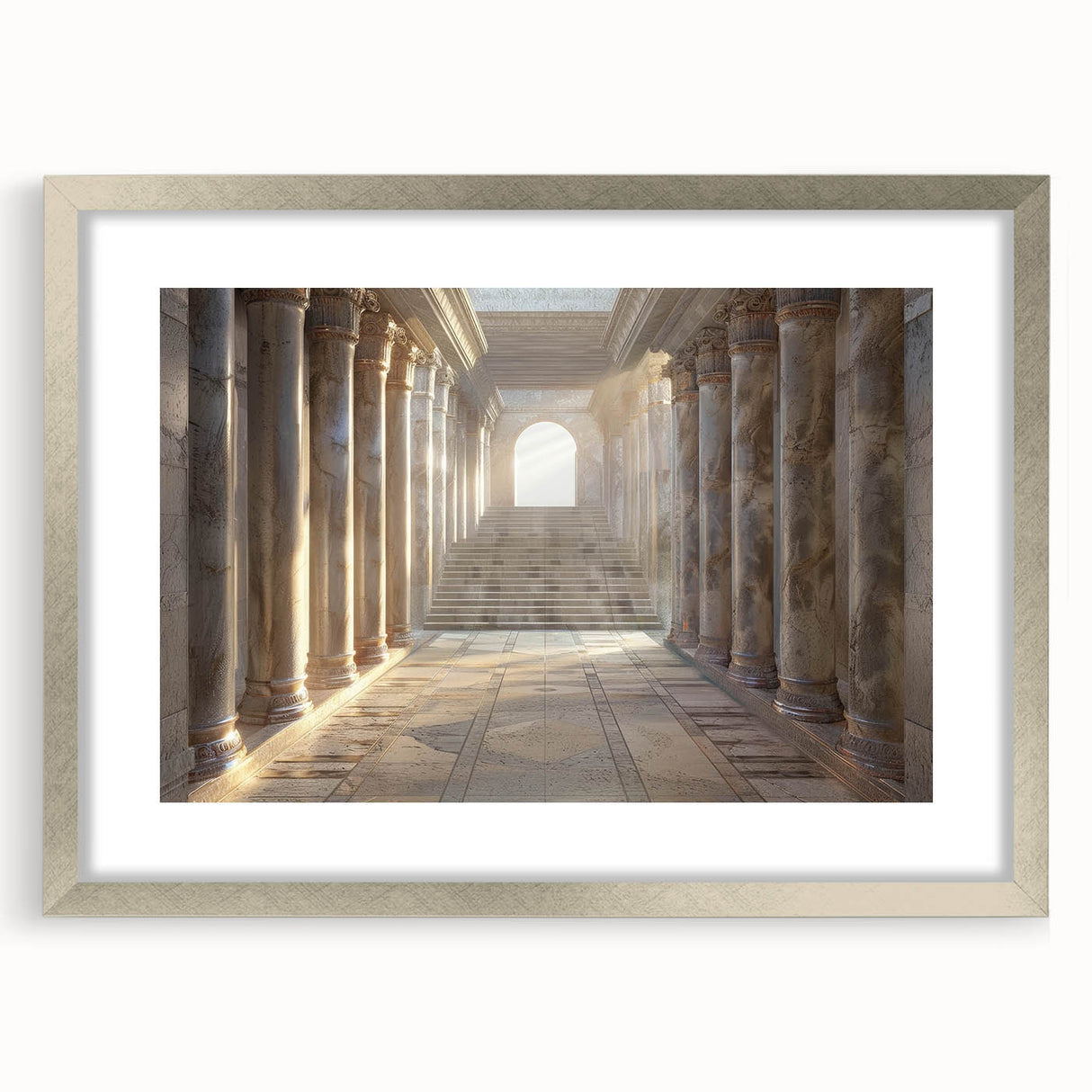 Textured art print featuring abstract columns in muted beige and white, framed in silver ideal for bedroom decor.