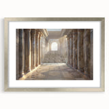 Textured art print featuring abstract columns in muted beige and white, framed in silver ideal for bedroom decor.