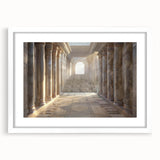 Abstract art print featuring a series of vertical columns in muted gray and beige, framed in white.